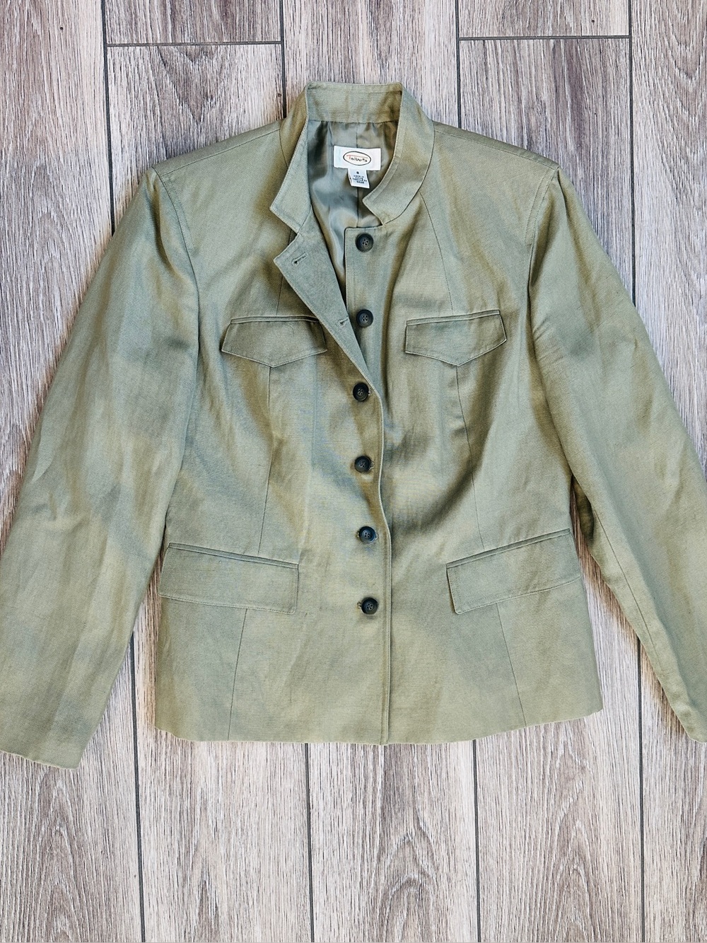 Talbots Linen Olive Green Button-Front Women's Jacket Mock Neck Blazer Size 8